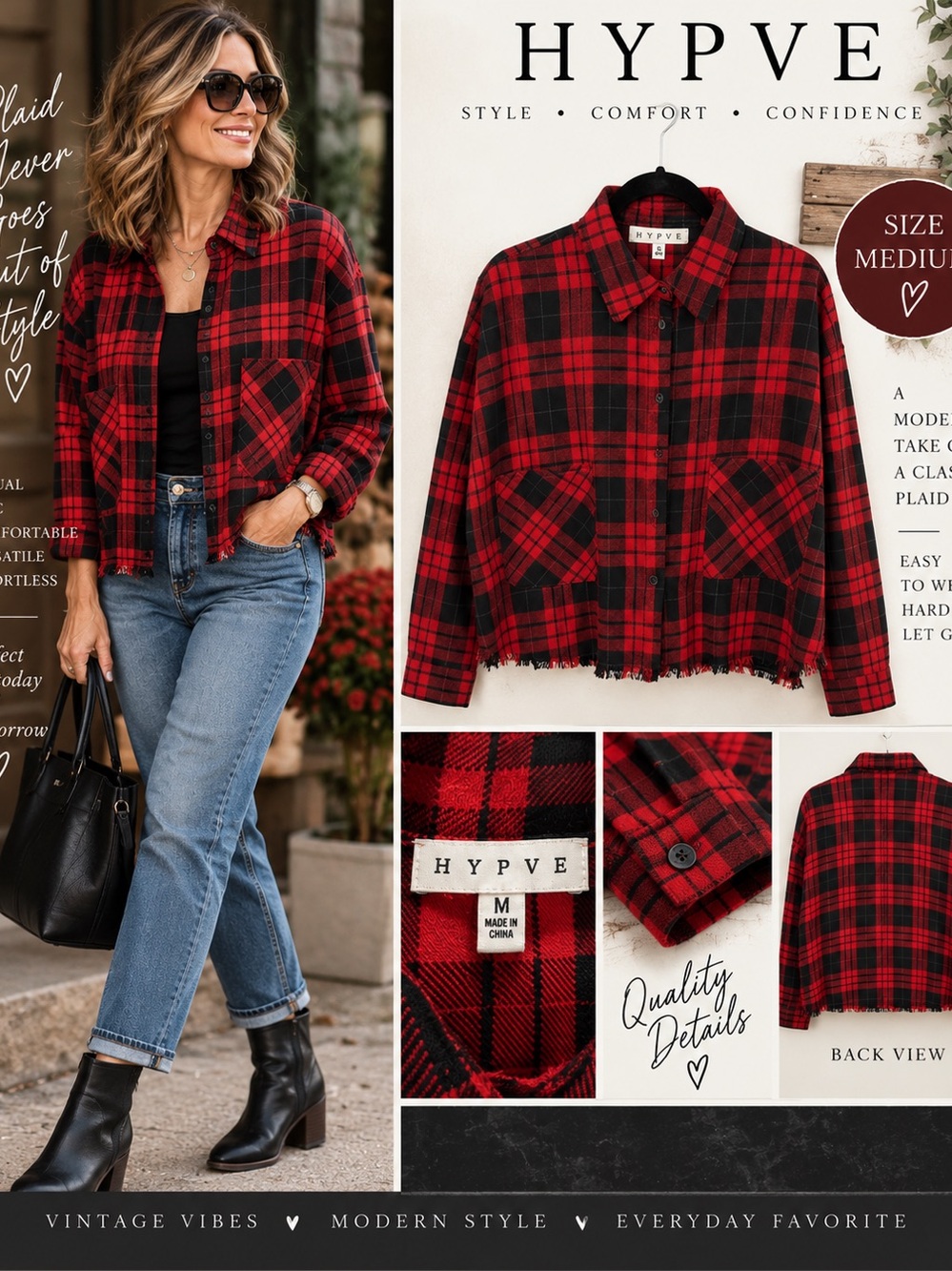 HYFVE Red & Black Plaid Cropped Button-Front Jacket Size Medium